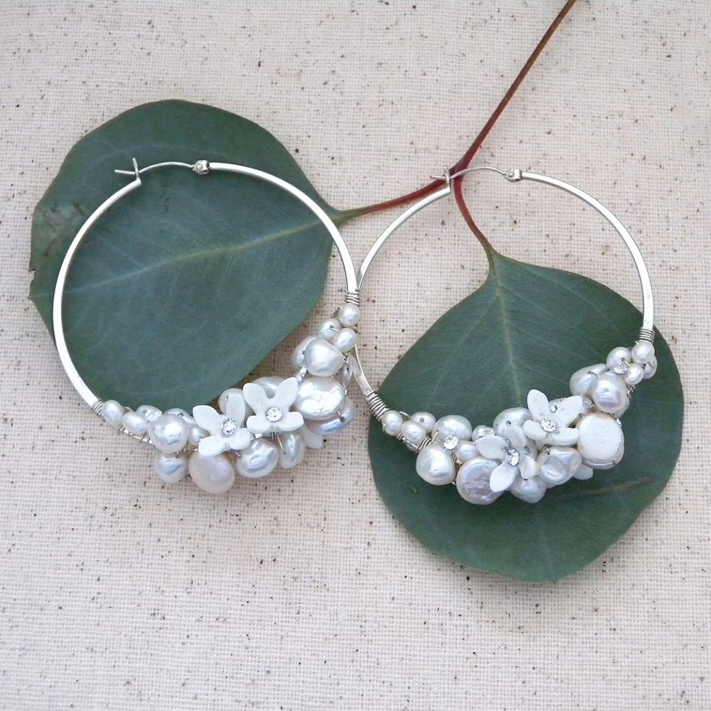 Erin Cole Bridal Earrings, Bridal Hoop Earrings, Flowers & Pearls